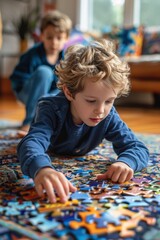 A Boy's Focused Puzzle Time