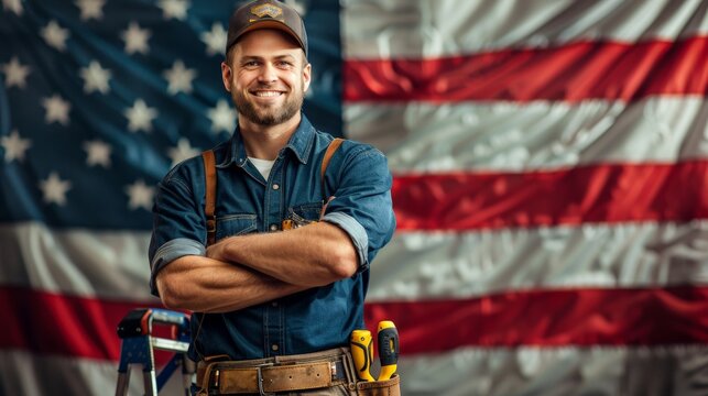A man in blue work shirt and tool belt smiles in front of American flag
