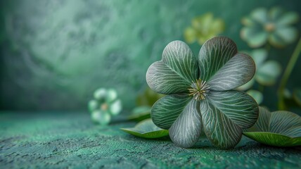 Close-up of a Four-Leaf Clover with Textured Green Background Highlighting Unique Patterns and Details in a Tranquil Natural SettingLucky charm