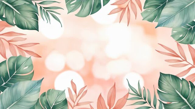Tropical leaf frame against bokeh background. Summer leaf frame. Tropical summer plants Leaves, flowers border frame animation with a copy space area animation