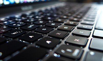Close-Up of Used Laptop Keyboard Keys in Shallow Focus, Business and Technology Concept, Evening Light, Detailed View of Worn Computer Keys, Modern Office Equipment, Work-from-Home Setup