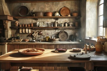 Warm sunlight bathes a cozy rustic kitchen scene, featuring antique culinary tools and pottery