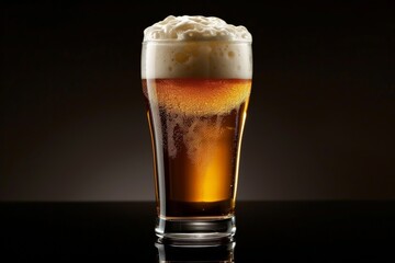 Dark beer in a glass with frothy foam on a black background.