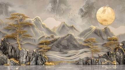 3D luxury wallpaper of a Chinese landscape with gray mountains and golden trees. Abstract art background in the style of Chinese painting, marble relief on a wall.