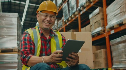 A smiling warehouse worker uses a tablet while sitting among stacked boxes