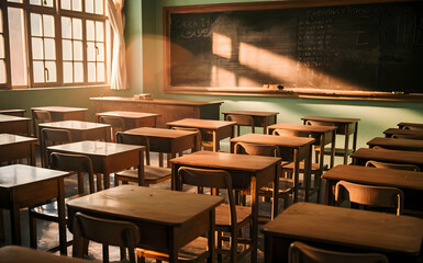 Classroom Setting An empty classroom with neatly arranged desks, a chalkboard, and sunlight streaming through the windows