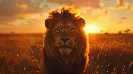 A majestic lion with a golden mane, standing tall in the savannah with a stunning sunset in the background.