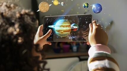 Child Using Tablet To Explore Animated Solar System
