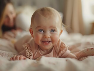 Capturing the milestone of a babys first words, the reactions of parents, and the joy of communication beginning.