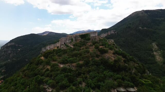 Aerial video over Greece. Peloponnese. Sparta. Mysters Castle.