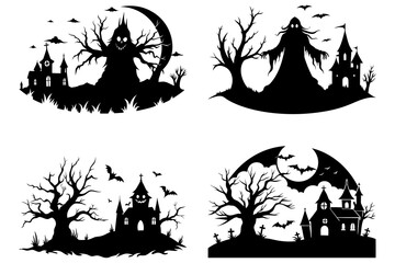 Fototapeta premium Halloween Haunted House Silhouette Vector Illustrations .Printable haunted house silhouette vector illustrations for Halloween in cartoon, clipart, and line art styles. 