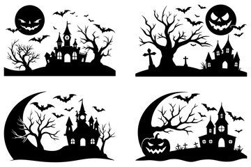 Fototapeta premium Halloween Haunted House Silhouette Vector Illustrations .Printable haunted house silhouette vector illustrations for Halloween in cartoon, clipart, and line art styles. 