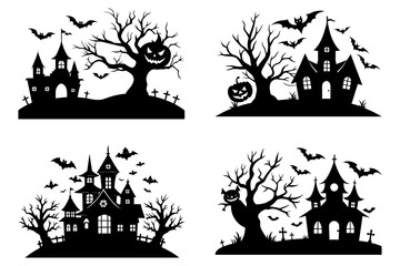 Halloween Haunted House Silhouette Vector Illustrations .Printable haunted house silhouette vector illustrations for Halloween in cartoon, clipart, and line art styles. 