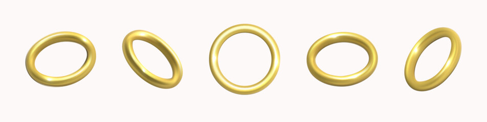 Gold rings, realistic golden torus set, vector premium quality illustration. The rings are all different sizes and shapes