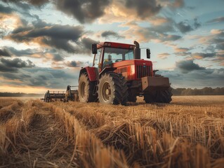 Fototapeta premium Tractor working in a golden field during sunset, harvesting crops.