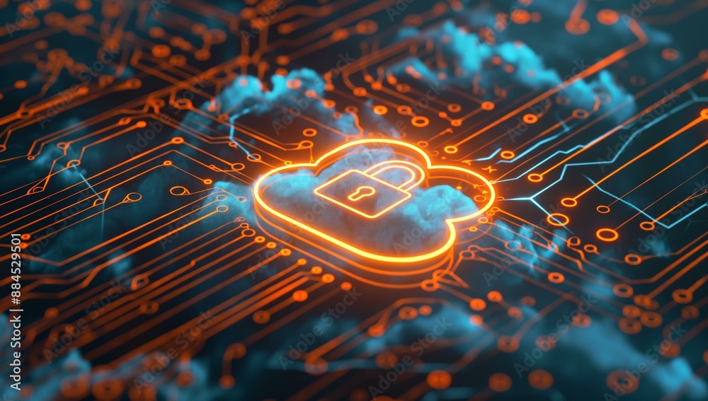 Aufkleber A glowing cloud with a padlock icon surrounded by circuit patterns, symbolizing cloud security and data protection.