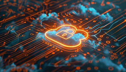A glowing cloud with a padlock icon surrounded by circuit patterns, symbolizing cloud security and data protection.
