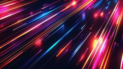 An abstract background featuring vibrant, colorful light streaks and glowing effects across a dark...