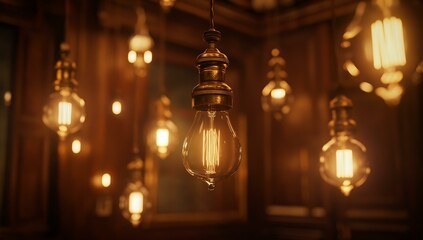 Obraz premium A dimly lit room featuring an array of vintage light bulbs hanging from the ceiling, casting a warm glow and creating a cozy atmosphere.