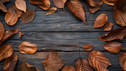An autumn background made of brown leaves on a wooden table, capturing the essence of fall.