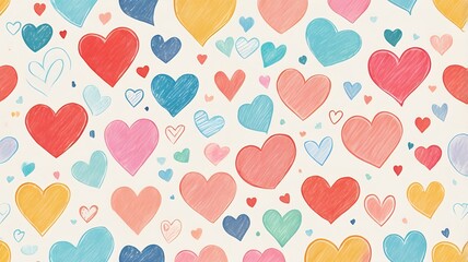 Cute and seamless love heart pattern illustration. Romantic colorful hearts background print. Valentine's day holiday background texture, romantic wedding design. watercolor, hand drawing, brush