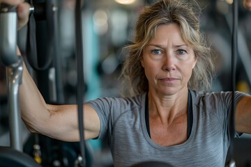 Obraz premium Focused woman lifting dumbbells at the gym.