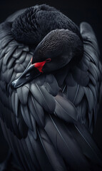 Fototapeta premium Black swan resting with its head tucked under its wing, showing off its red beak against a dark background