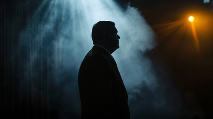 Silhouette of a politician speaking on stage in a dark and misty room with a beam of light shining on them. Suitable for political events, leadership themes, and public speaking concepts.