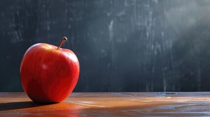 Apple on school desk with black board background