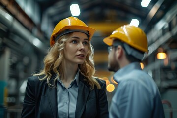 Fototapeta premium Engineer in hard hat conversing with colleague in a factory, indicating a project review.