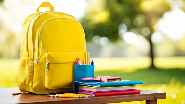 Yellow backpack filled with school supplies, including notebooks, pencils, and pens on a wooden table outdoors. Back to school concept. Copy space template background