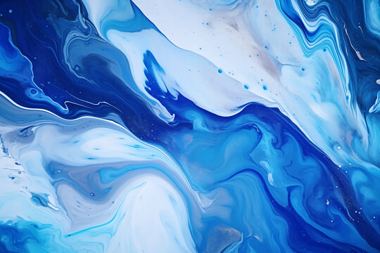 Beautiful abstract liquid fluid art of blue and white color paint mix. Design of alcohol paints, acrylic for background, backdrops and wallpapers with copyspace