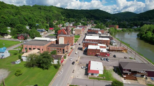 WEST VIRGINIA - 7.5.2024 - Very good aerial footage moving down a main street of Philippi, West Virginia.
