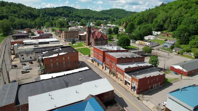 WEST VIRGINIA - 7.5.2024 - Fantastic aerial footage approaching the Barbour County Courthouse of Philippi, West Virginia.