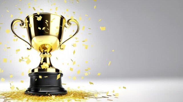 Banner with Gold cup sports trophy on white background with flying gold confetti. Gold winner trophy, success in sports competition, champion symbol