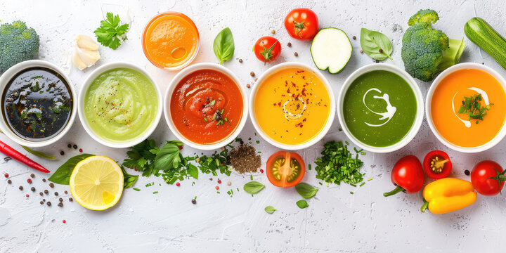 Assortment of different colorful vegetable cream soup on white table background