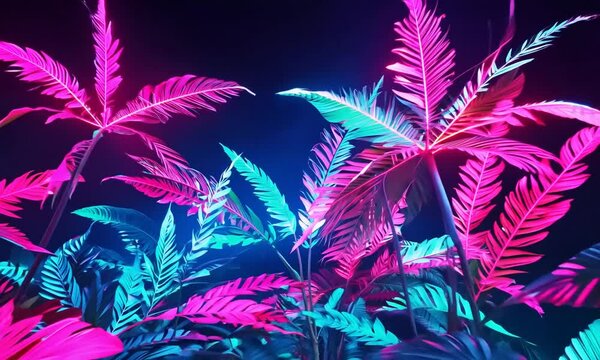 Vibrant Tropical Plants Glowing Under Blacklight at Night