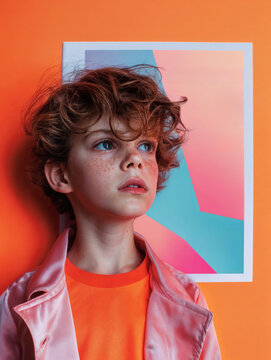 Stylish child in vibrant fashion poses against colorful background
