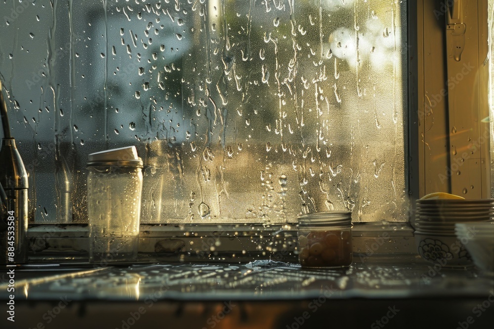 Poster golden sunlight streams through a raindropspeckled window, creating a warm, tranquil scene