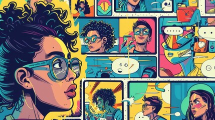 Obraz premium comic-style panel showing the life of a social media influencer, from brainstorming content ideas to posting and interacting with followers