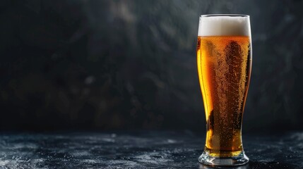 Beer glass on dark background with space for text