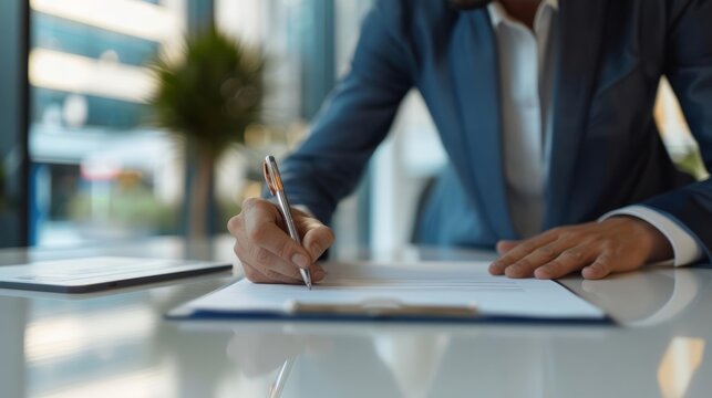 Business professional signing a commercial lease in a modern office space, symbolizing business growth and new opportunities
