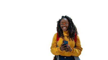 Young black teenager student smiling and looking at mobile phone, isolated on transparent background