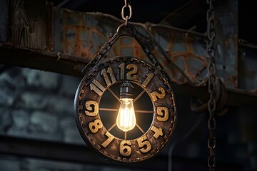 Obraz premium Illuminated bulb hangs within a rusty antique clock used as a pendant light, exuding a retro ambiance