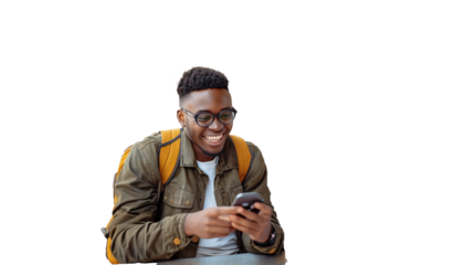 Young black teenager student smiling and looking at mobile phone, isolated on transparent background