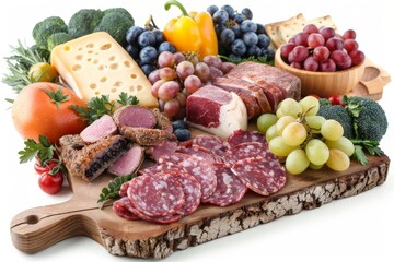 A vibrant and healthy charcuterie board with a variety of meats cheeses fruits and vegetables beautifully arranged for a nutritious appetizer display