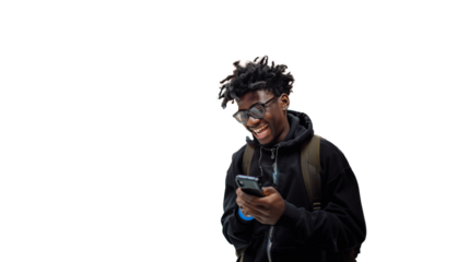 Young black teenager student smiling and looking at mobile phone, isolated on transparent background
