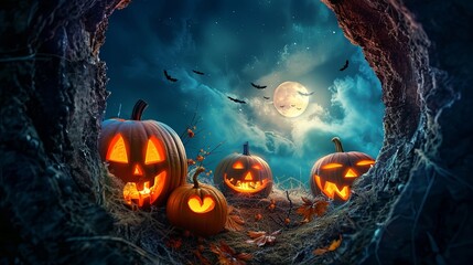 Carved Pumpkins Gleam Under a Full Moon on a Spooky Halloween Night