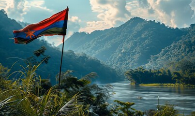 Design a flag with elements from Laos' river life, realistic photo