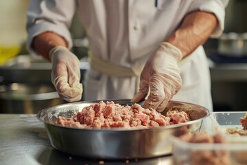 A chef wearing white gloves prepares raw meat in a restaurant kitchen.